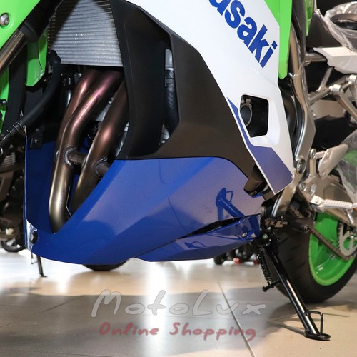 Sports motorcycle Kawasaki Ninja ZX 4RR, green with white and blue, 2024