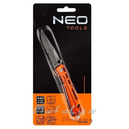 Folding knife with Neo Tools 63 026 lock, with a blade for cutting belts