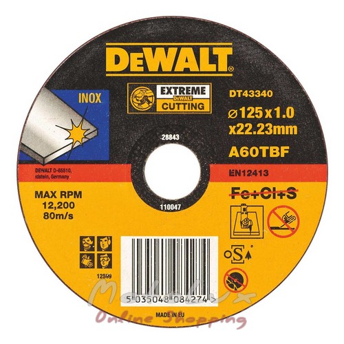 Круг отрезной DeWALT Inox Extreme DT43340, по металлу, 125*1*22.2мм