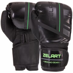Перчатки боксерские на липучке PU Zelart VL 3085, черный с салатовым
